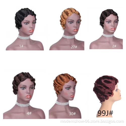 Wholesale Retro Water Finger Wave Short Pixie Cut Curly Bob Brazilian Human Hair Wigs For Black Women Cosplay Party